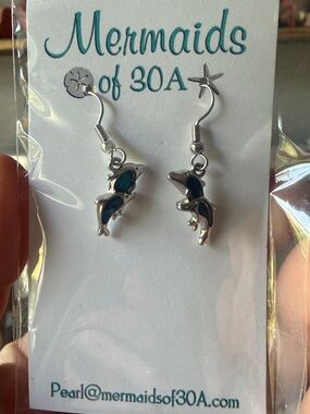 Silver Dolphin Drop Earrings with Teal Inlay